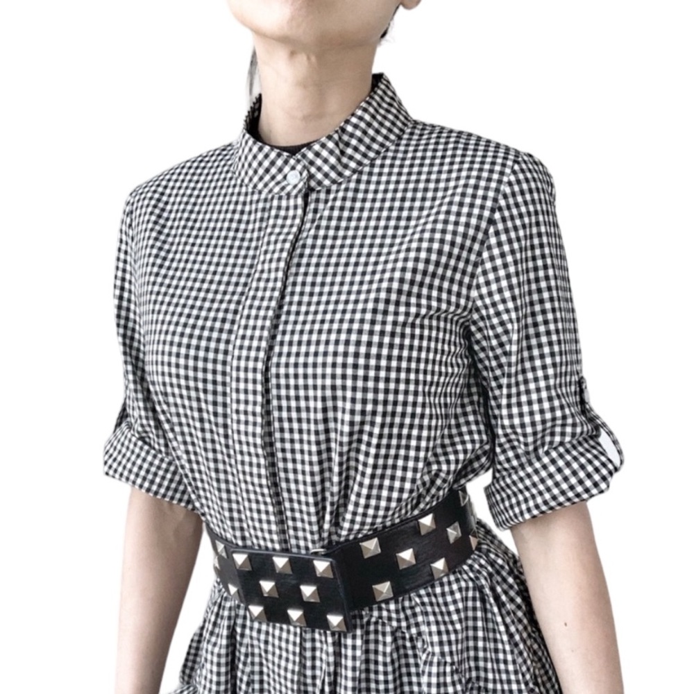 BLACK WHITE GINGHAM PLAID BUTTON DOWN MIDI DRESS